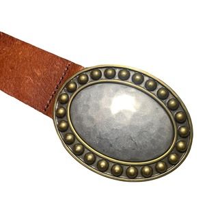 Fossil Brown Leather Belt Oval Buckle Hammered Metal Two Tone Buckle Small
